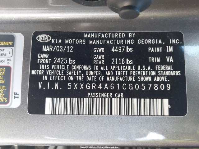 45735191 :رقم المزاد ، 5XXGR4A61CG057809 vin ، 2012 Kia Optima Sx مزاد بيع