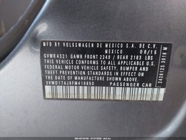 2015 Volkswagen Jetta 1.8t Sport მანქანა იყიდება აუქციონზე, vin: 3VWD17AJ8FM416850, აუქციონის ნომერი: 45735196