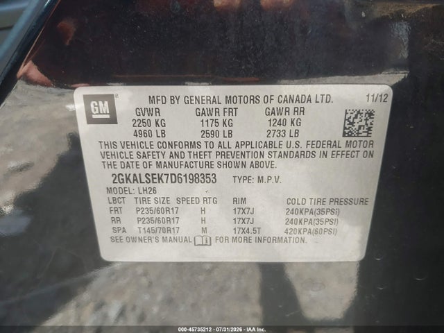 Продажа на аукционе авто 2013 Gmc Terrain Sle-2, vin: 2GKALSEK7D6198353, номер лота: 45735212