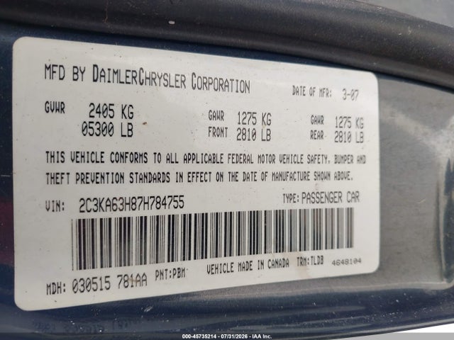 Продажа на аукционе авто 2007 Chrysler 300c, vin: 2C3KA63H87H784755, номер лота: 45735214