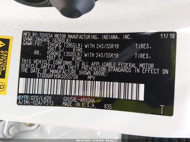 5TDDGRFH0KS055708 Toyota Highlander Hybrid Limited Platinum