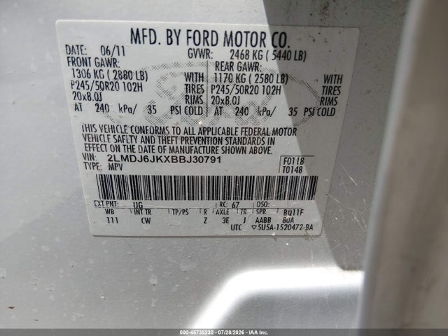 45735230 :رقم المزاد ، 2LMDJ6JKXBBJ30791 vin ، 2011 Lincoln Mkx مزاد بيع