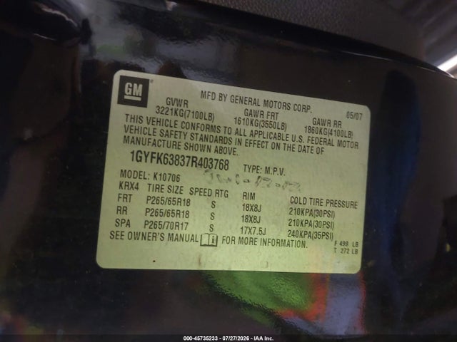 Aukcja sprzedaży 2007 Cadillac Escalade, vin: 1GYFK63837R403768, numer aukcji: 45735233