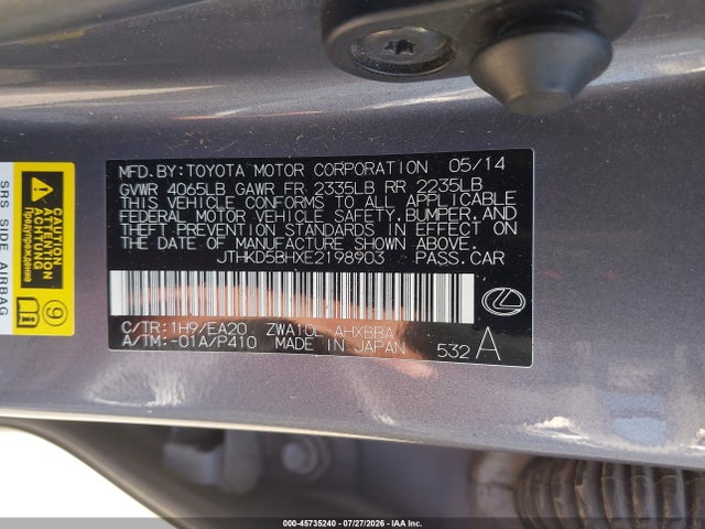 2014 Lexus Ct 200h მანქანა იყიდება აუქციონზე, vin: JTHKD5BHXE2198903, აუქციონის ნომერი: 45735240