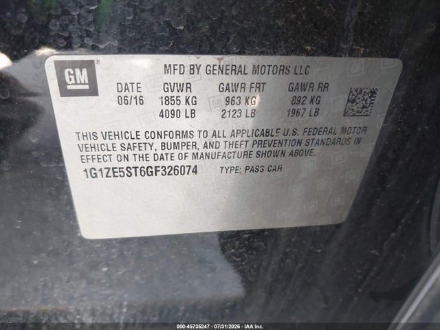Продажа на аукционе авто 2016 Chevrolet Malibu 1lt, vin: 1G1ZE5ST6GF326074, номер лота: 45735247