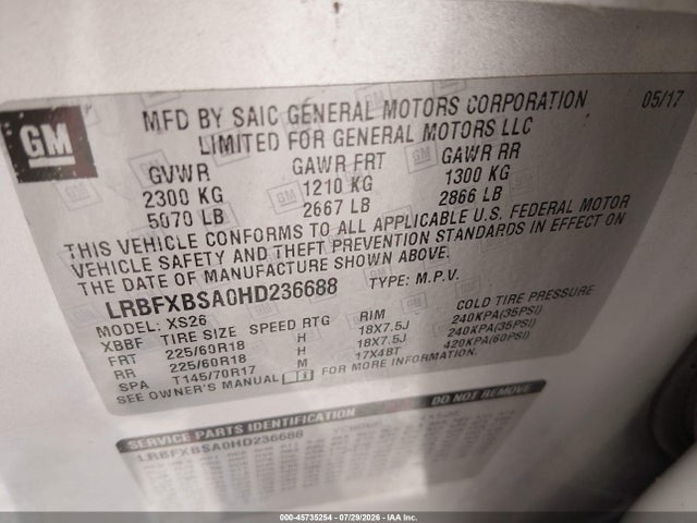 Продаж на аукціоні авто 2017 Buick Envision Essence, vin: LRBFXBSA0HD236688, номер лоту: 45735254