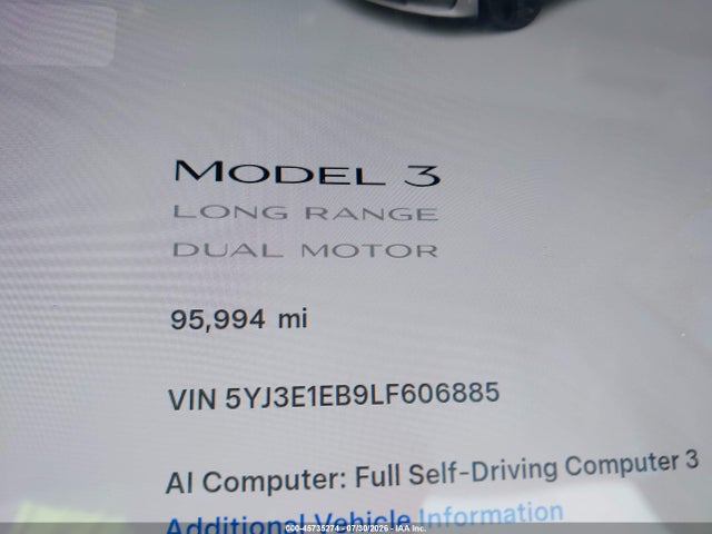 Aukcja sprzedaży 2020 Tesla Model 3 Long Range Dual Motor All-wheel Drive, vin: 5YJ3E1EB9LF606885, numer aukcji: 45735274