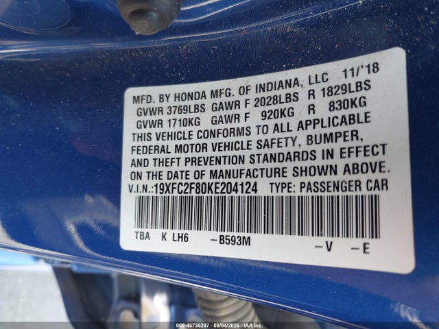 19XFC2F80KE204124 Honda Civic Sport
