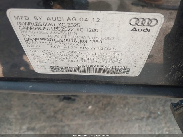 Aukcja sprzedaży 2012 Audi Q5 3.2 Premium Plus, vin: WA1DKAFP5CA111657, numer aukcji: 45735291