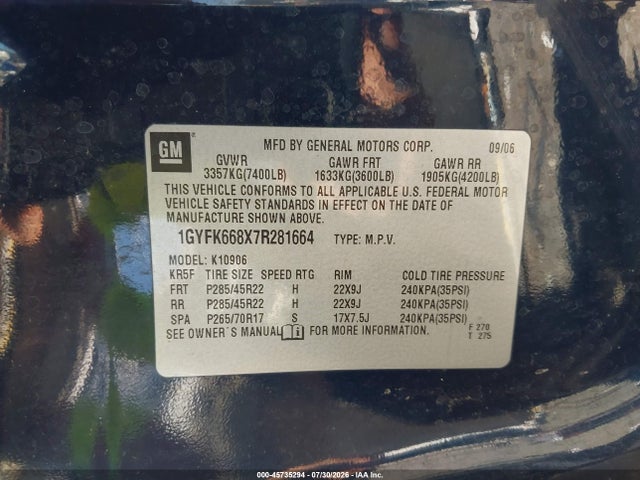 Продаж на аукціоні авто 2007 Cadillac Escalade Esv Standard, vin: 1GYFK668X7R281664, номер лоту: 45735294