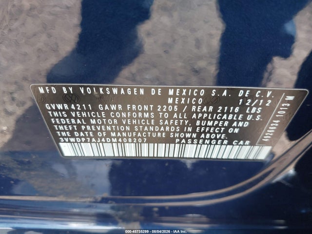 45735299 :رقم المزاد ، 3VWDP7AJ4DM408207 vin ، 2013 Volkswagen Jetta 2.5l Se مزاد بيع