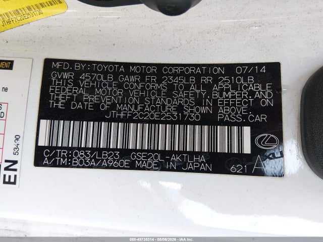 45735314 :رقم المزاد ، JTHFF2C20E2531730 vin ، 2014 Lexus Is 250c مزاد بيع