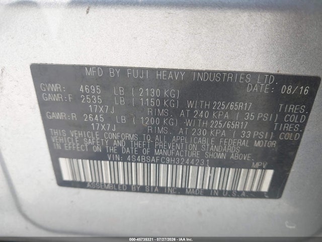2017 Subaru Outback 2.5i Premium მანქანა იყიდება აუქციონზე, vin: 4S4BSAFC9H3244231, აუქციონის ნომერი: 45735321