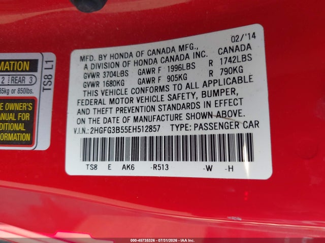 45735326 :رقم المزاد ، 2HGFG3B55EH512857 vin ، 2014 Honda Civic Lx مزاد بيع