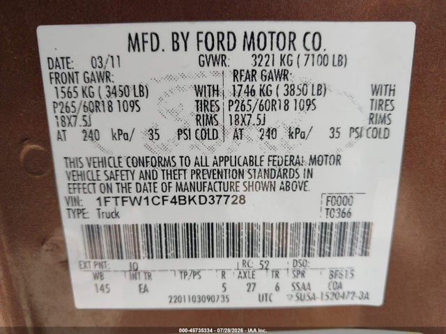 Продаж на аукціоні авто 2011 Ford F-150 Lariat, vin: 1FTFW1CF4BKD37728, номер лоту: 45735334