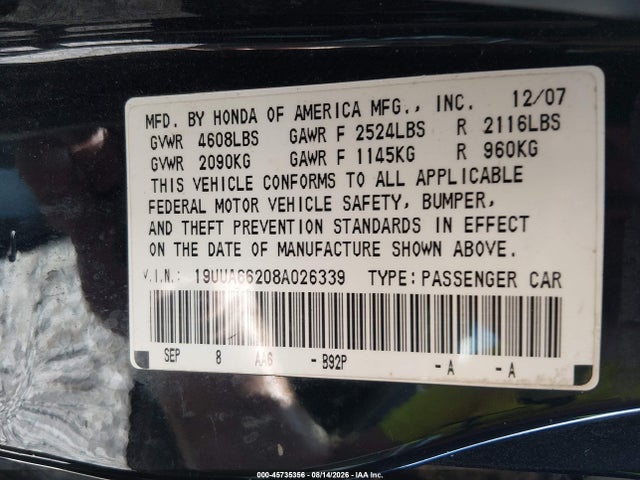 45735356 :رقم المزاد ، 19UUA66208A026339 vin ، 2008 Acura Tl 3.2 مزاد بيع