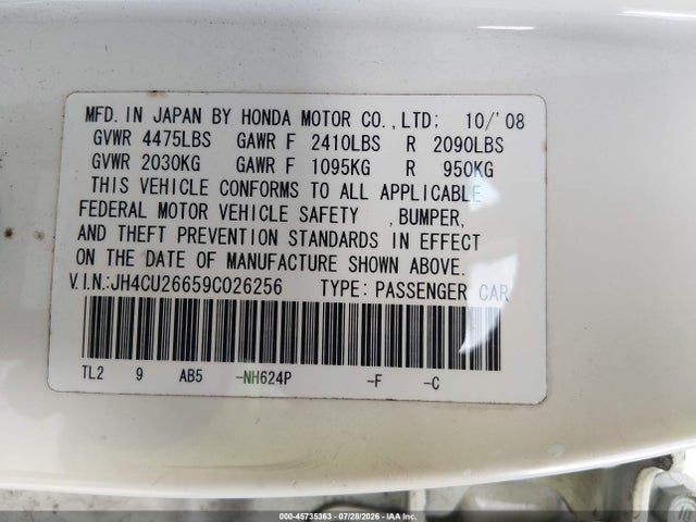 2009 Acura Tsx მანქანა იყიდება აუქციონზე, vin: JH4CU26659C026256, აუქციონის ნომერი: 45735363