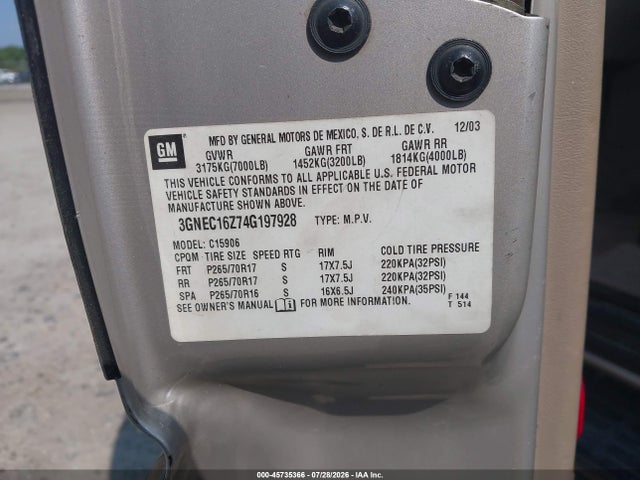 Aukcja sprzedaży 2004 Chevrolet Suburban 1500 Lt, vin: 3GNEC16Z74G197928, numer aukcji: 45735366