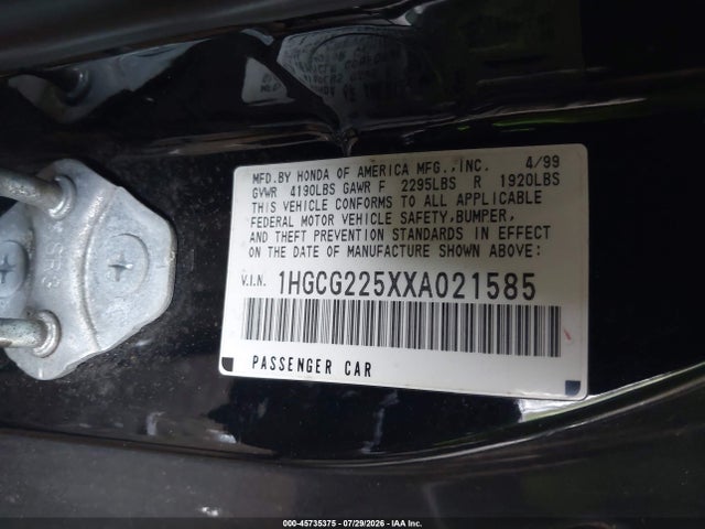 1999 Honda Accord Ex V6 მანქანა იყიდება აუქციონზე, vin: 1HGCG225XXA021585, აუქციონის ნომერი: 45735375