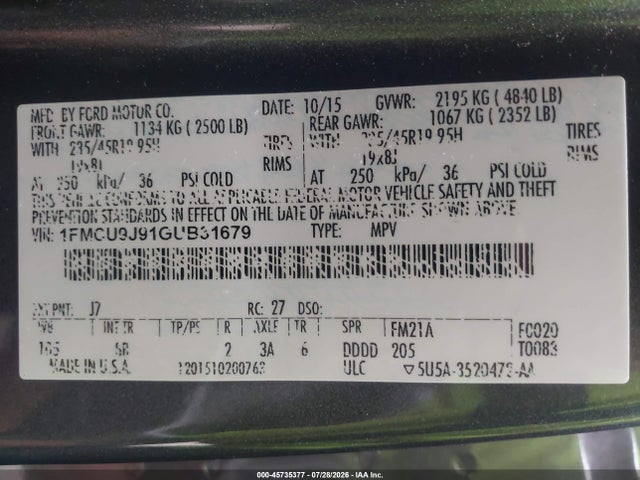 Aukcja sprzedaży 2016 Ford Escape Titanium, vin: 1FMCU9J91GUB31679, numer aukcji: 45735377