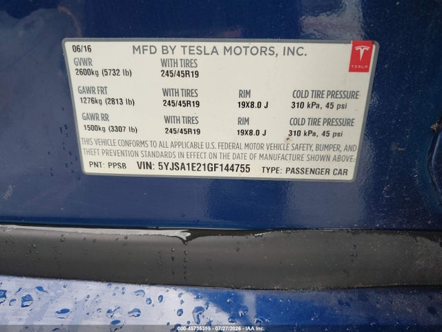 45735395 :رقم المزاد ، 5YJSA1E21GF144755 vin ، 2016 Tesla Model S 60d/70d/75d/85d/90d مزاد بيع