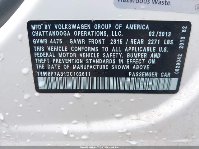 45735403 :رقم المزاد ، 1VWBP7A31DC102611 vin ، 2013 Volkswagen Passat 2.5l Se مزاد بيع