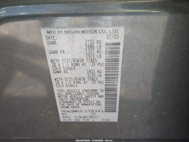 45735440 :رقم المزاد ، 5N1AL0MM5FC559345 vin ، 2015 Infiniti Qx60 مزاد بيع