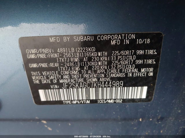 Aukcja sprzedaży 2019 Subaru Forester Premium, vin: JF2SKAGC7KH444989, numer aukcji: 45735450