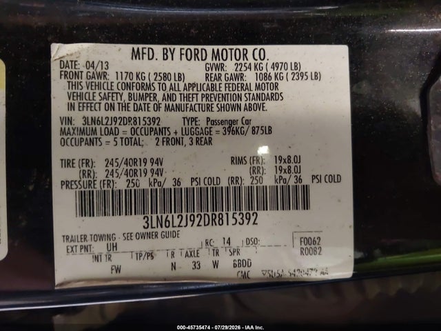 2013 Lincoln Mkz მანქანა იყიდება აუქციონზე, vin: 3LN6L2J92DR815392, აუქციონის ნომერი: 45735474