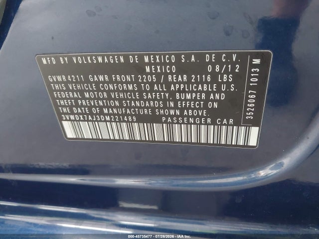 Продажа на аукционе авто 2013 Volkswagen Jetta 2.5l Se, vin: 3VWDX7AJ3DM221489, номер лота: 45735477