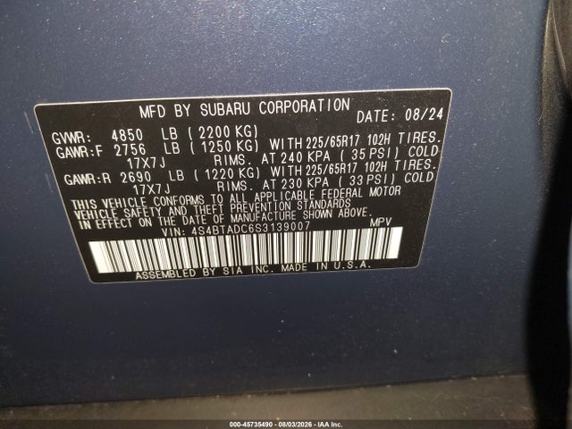 Aukcja sprzedaży 2025 Subaru Outback Premium, vin: 4S4BTADC6S3139007, numer aukcji: 45735490
