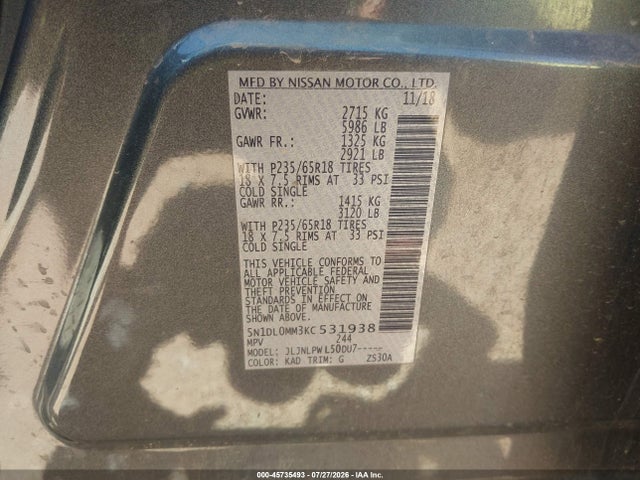 Продаж на аукціоні авто 2019 Infiniti Qx60 Pure, vin: 5N1DL0MM3KC531938, номер лоту: 45735493