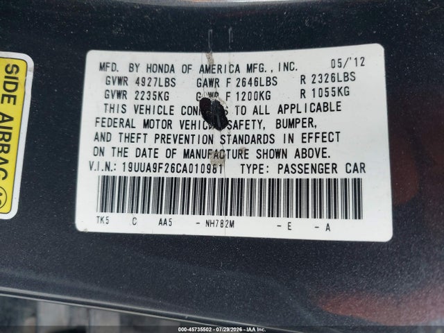 2012 Acura Tl 3.7 მანქანა იყიდება აუქციონზე, vin: 19UUA9F26CA010981, აუქციონის ნომერი: 45735502