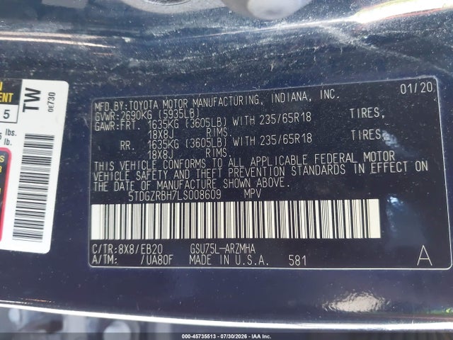 5TDGZRBH7LS008609 Toyota Highlander Xle