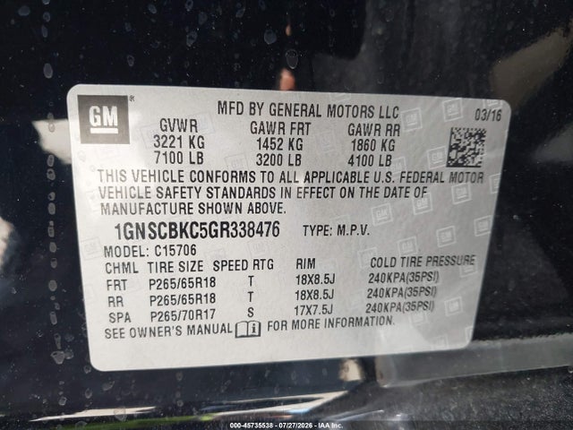 Chevrolet Tahoe Lt 2016 1GNSCBKC5GR338476 Image 9