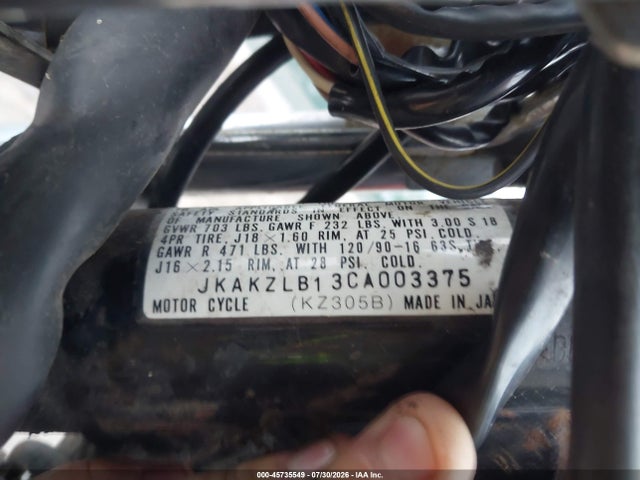 45735549 :رقم المزاد ، JKAKZLB13CA003375 vin ، 1982 Kawasaki Kz305 B مزاد بيع