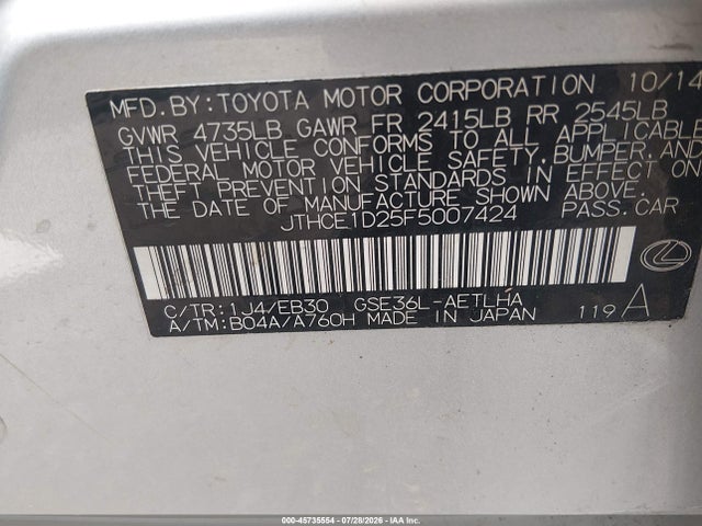 45735554 :رقم المزاد ، JTHCE1D25F5007424 vin ، 2015 Lexus Is 350 مزاد بيع