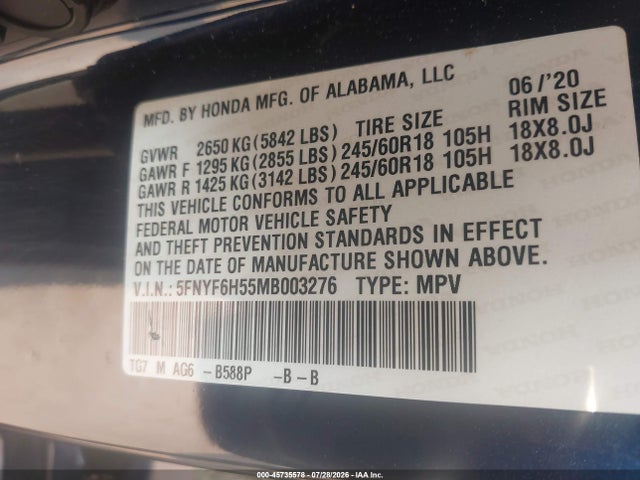 Продаж на аукціоні авто 2021 Honda Pilot Awd Ex-l, vin: 5FNYF6H55MB003276, номер лоту: 45735578