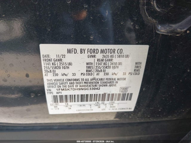 Aukcja sprzedaży 2022 Ford Explorer Xlt, vin: 1FMSK7DH9NGC33042, numer aukcji: 45735588