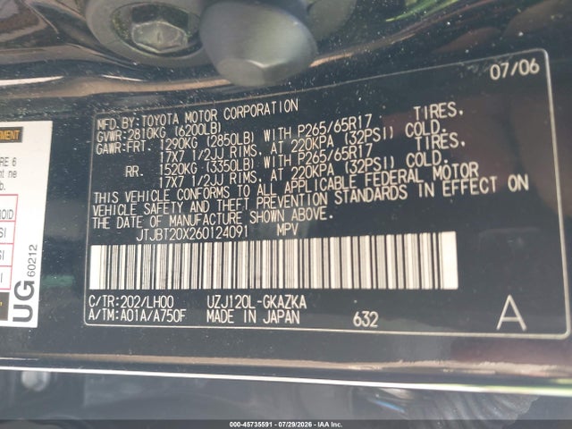 Aukcja sprzedaży 2006 Lexus Gx 470, vin: JTJBT20X260124091, numer aukcji: 45735591