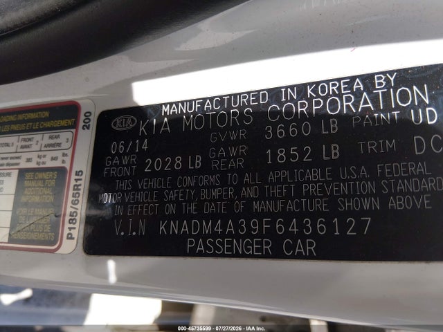 KIA RIO LX 2015 KNADM4A39F6436127 Image 9