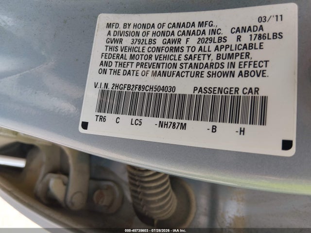 2012 Honda Civic Ex მანქანა იყიდება აუქციონზე, vin: 2HGFB2F89CH504030, აუქციონის ნომერი: 45735603