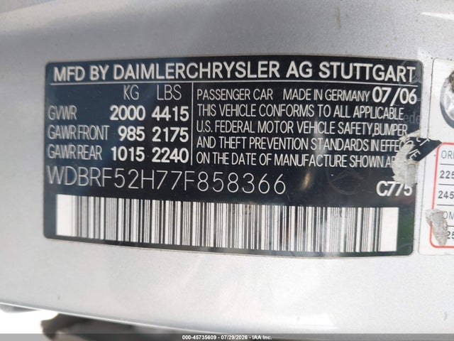 45735609 :رقم المزاد ، WDBRF52H77F858366 vin ، 2007 Mercedes-benz C 230 Sport مزاد بيع