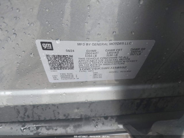 1GNEVGKS8RJ158552 Chevrolet Traverse Awd Lt