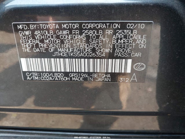 Aukcja sprzedaży 2010 Lexus Gs 350, vin: JTHCE1KS5A0026354, numer aukcji: 45735631