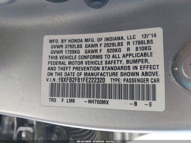 2015 Honda Civic Ex მანქანა იყიდება აუქციონზე, vin: 19XFB2F81FE222320, აუქციონის ნომერი: 45735636