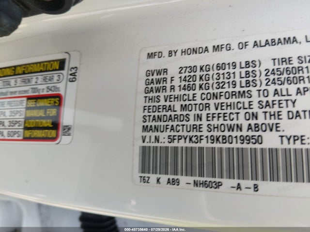 Продажа на аукционе авто 2019 Honda Ridgeline Sport, vin: 5FPYK3F19KB019950, номер лота: 45735640