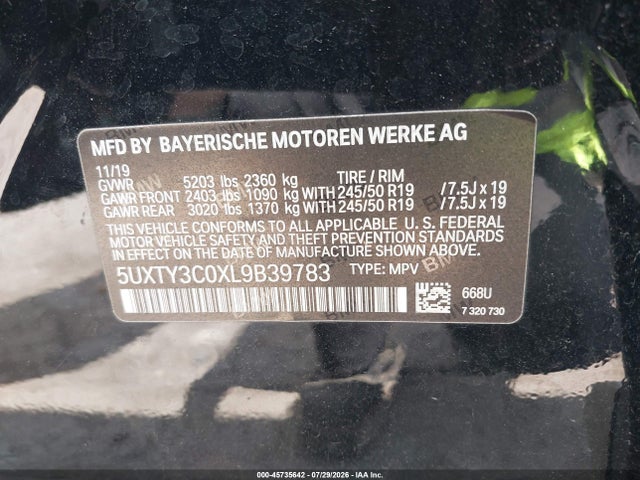 Aukcja sprzedaży 2020 Bmw X3 Sdrive30i, vin: 5UXTY3C0XL9B39783, numer aukcji: 45735642