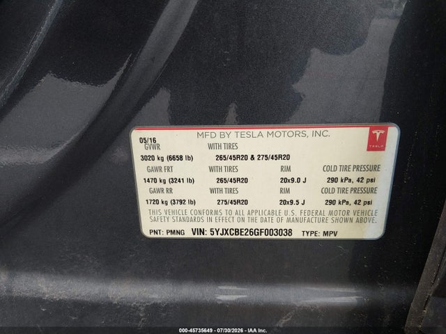 Продажа на аукционе авто 2016 Tesla Model X 60d/70d/75d/90d/p100d, vin: 5YJXCBE26GF003038, номер лота: 45735649