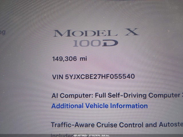 45735653 :رقم المزاد ، 5YJXCBE27HF055540 vin ، 2017 Tesla Model X 100d/75d/90d مزاد بيع